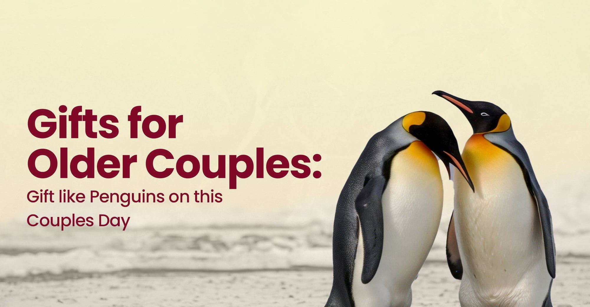 MemoryTrain Blog cover image for 'Gifts for Older Couples,' featuring two penguins standing side by side on a beach, with the title text 'Gift like Penguins on this Couples Day.'